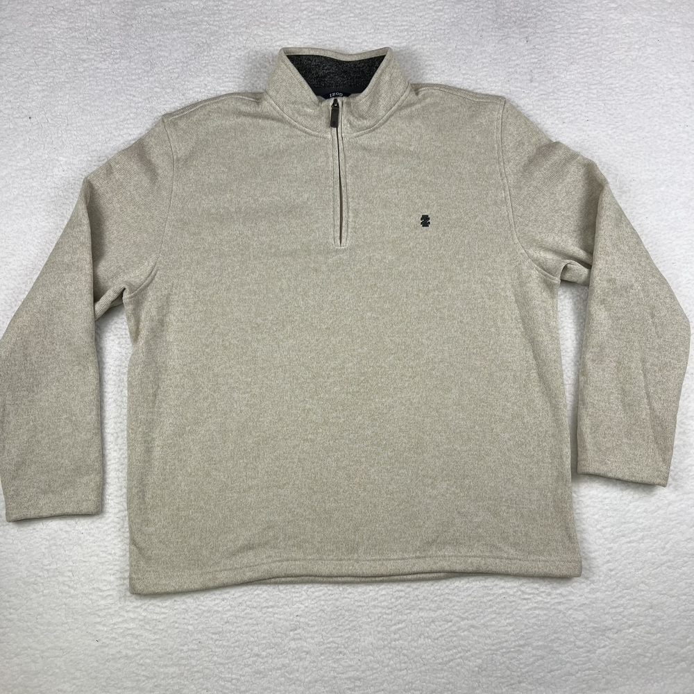 Izod Sweater Mens XXL Pullover 1/4 Zip Beige Logo Fleece Lined Casual Warm